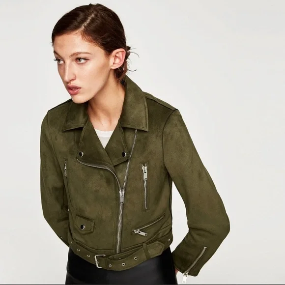 ZARA ライダースジャケット　カーキ ZARA Outwear Olive Green Faux Suede Belted Moto Biker Jacket